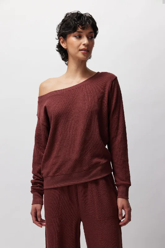 Spiritual Gangster Slub Rib Vida Off Shoulder Pullover - Washed Burgundy Batwing Sleeve Top