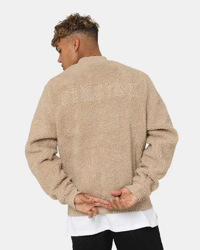 Sik Silk Borg Bomber Jacket Beige Knit Fabric Woven Fabric Fleece Fabric