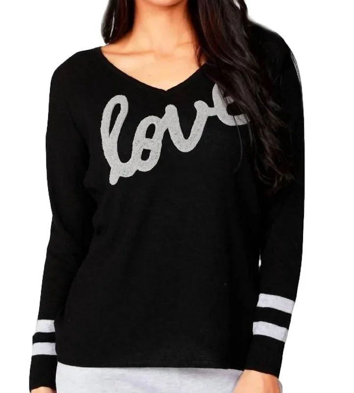 Love V-Neck Pullover In Black/gray Gathered Sleeve Pullover