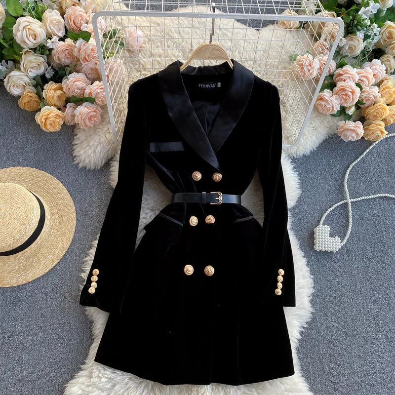 Wjczt Blazer Coat Women Velvet Suit Jacket Winter Double Breasted Long Sleeve Ladies Black Blazer Belt Women Slim Suit Blazer Outwear Appliqued Jacket Beaded Jacket Sequined Jacket