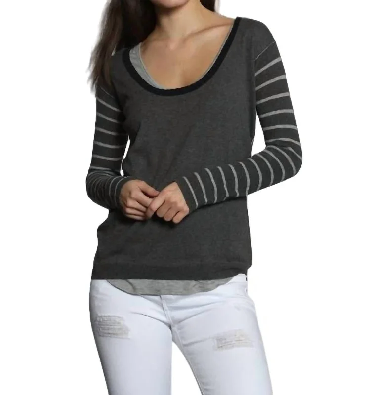 Double Layer Scoop Neck Pullover In Charcoal/grey Thin Wool Pullover