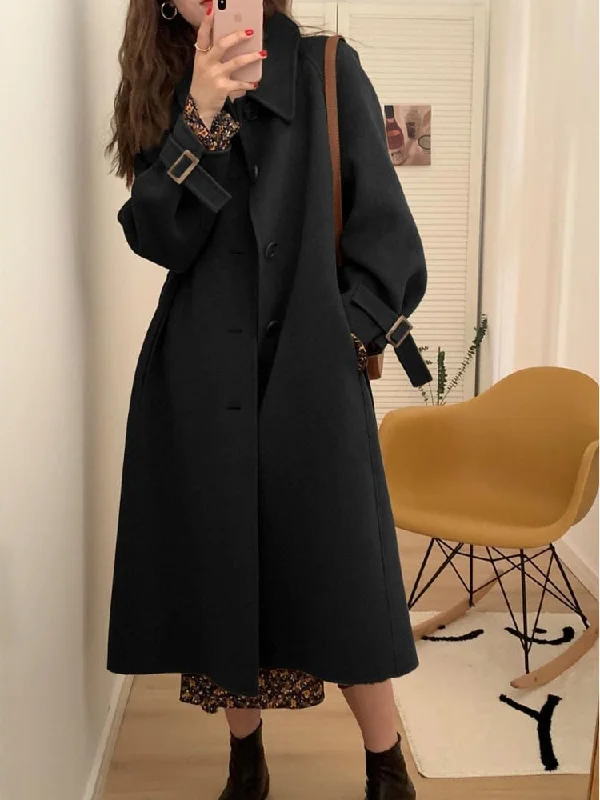 Wjczt Autumn and Winter New Long Knee Length Woolen Black Coat Woolen Coat Womens Winter Clothing Coats and Jackets Women Zippered Front Buttoned Front Snap Front