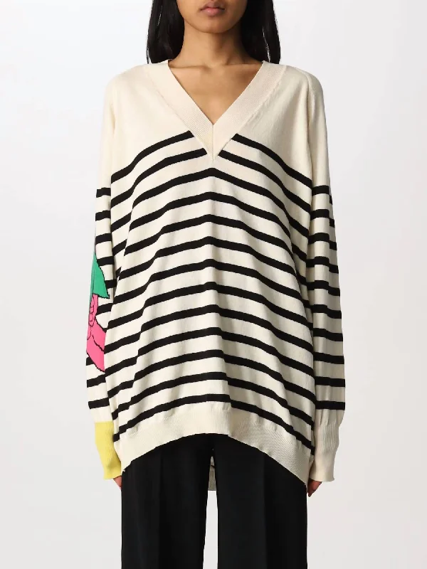 Sloucher Pullover In Cream/black V-Neck Stylish Pullover