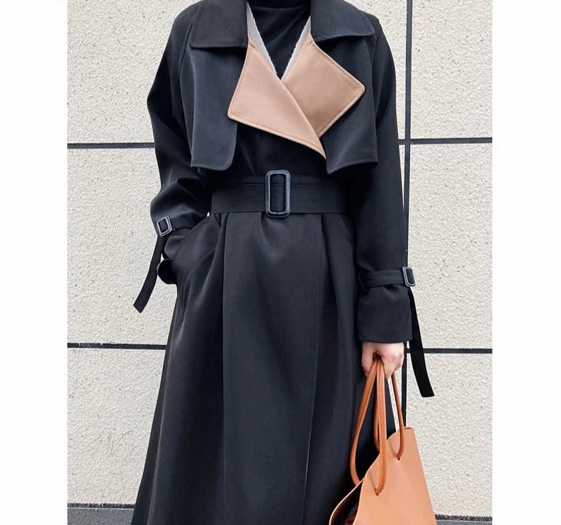 Wjczt Elegant Patchwork Lapel Women Trench Coat Autumn Winter Ladies Overcoats Full Sleeve Belted Loose Female Long Jacket Wool Jacket Cashmere Jacket Tweed Jacket