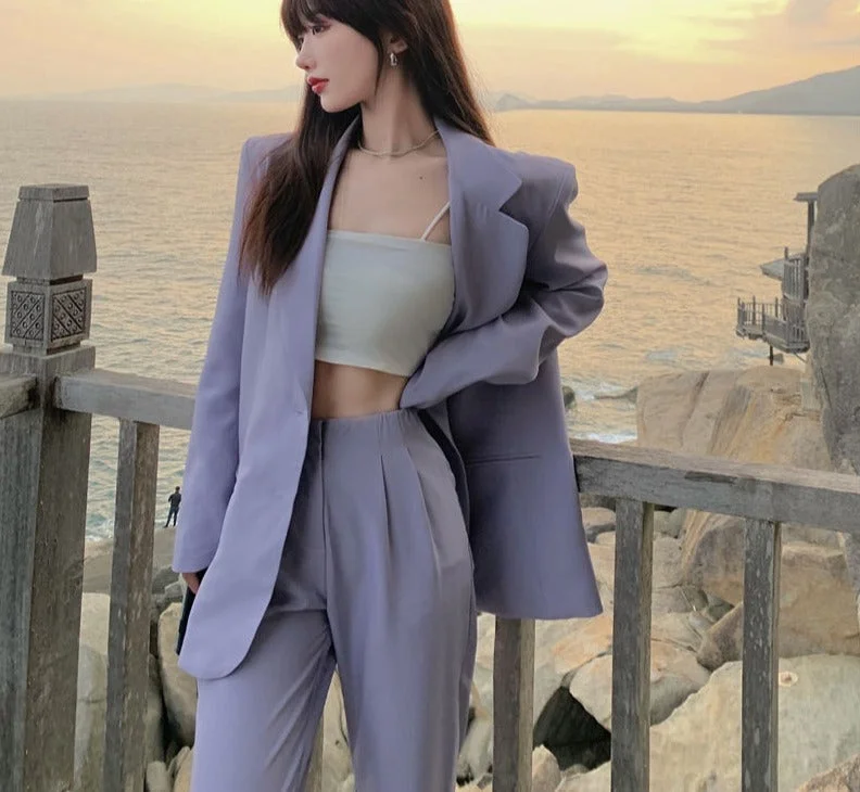 Wjczt Women's Spring Autumn Purple Blazer Long Pants 2 Pieces Set Korean Office Lady Casual Loose Suit Jacket Straight Trousers Outfit V-Neck Jacket Boat Neck Jacket Square Neck Jacket