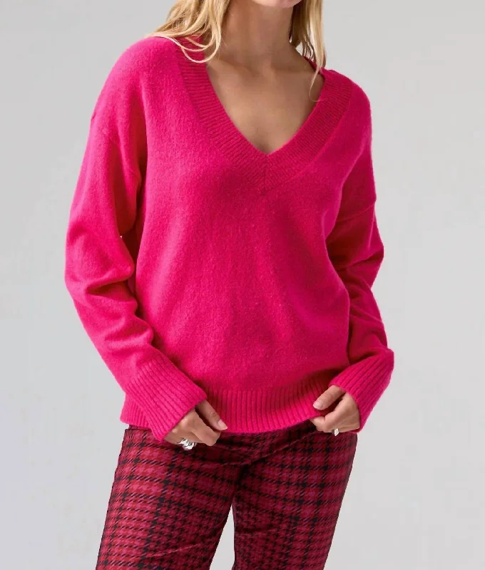 Easy Breezy V Neck Pullover In Flash Pink Faux Fur Trim