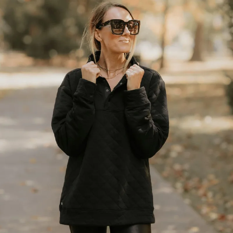 Quilted Snap Pullover - Black Flare Sleeve Stylish