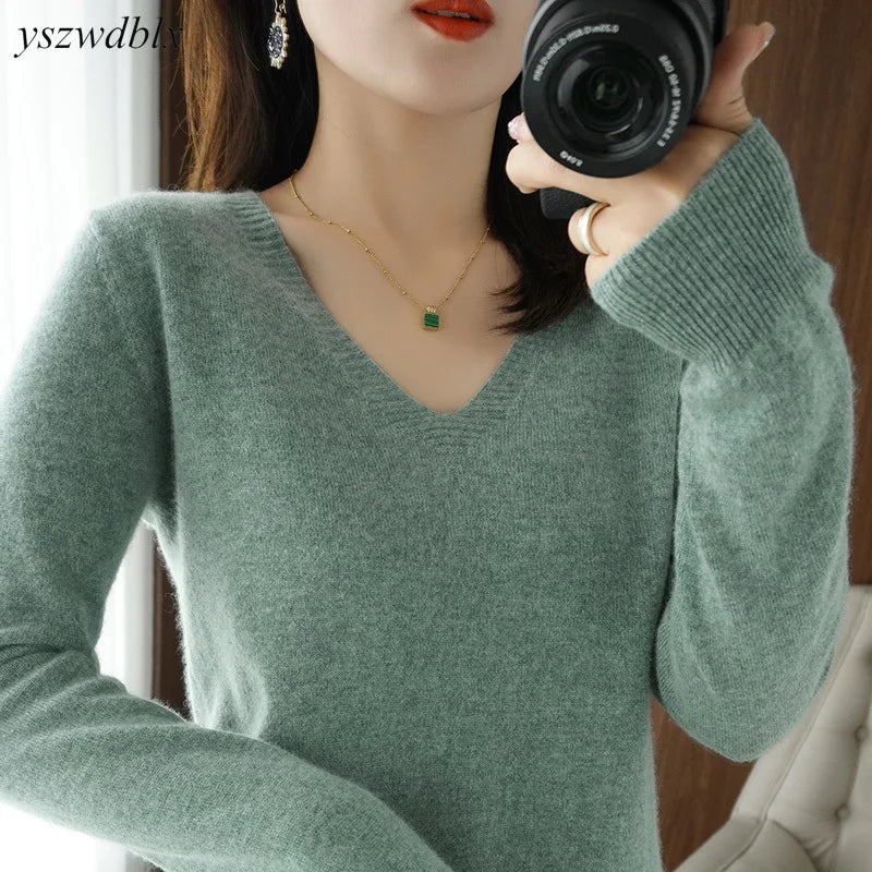 Women's Pullovers Knitted Tops Fashion Designer V Neck Jerseys Asymmetrical Hem Sweater