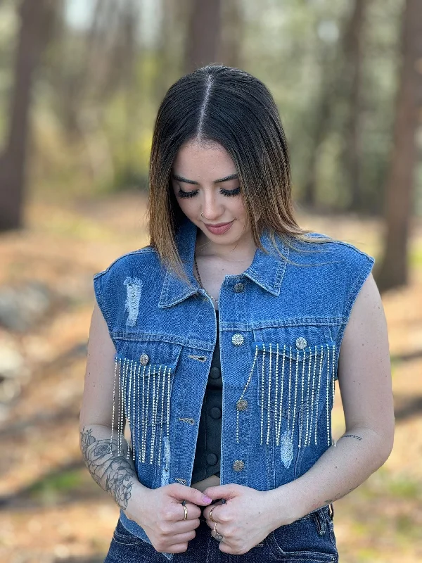 LUCKY & BLESSED JEAN JACKET SPARKLE FRINGE Notch Collar Jacket Peter Pan Collar Jacket Cowl Neck Jacket