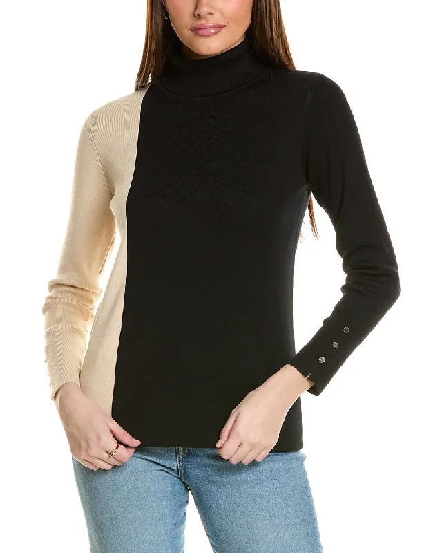 T Tahari Turtleneck Colorblocked Rib Pullover V-Neck Stylish Pullover