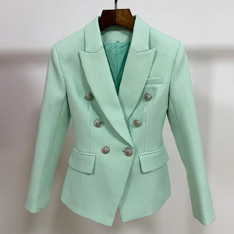 Wjczt HIGH STREET 2022 Classic Baroque Designer Blazer Jacket Women's Metal Lion Buttons Double Breasted Textured Blazer Mint Green Welt Pockets Slit Pockets Flap Pockets