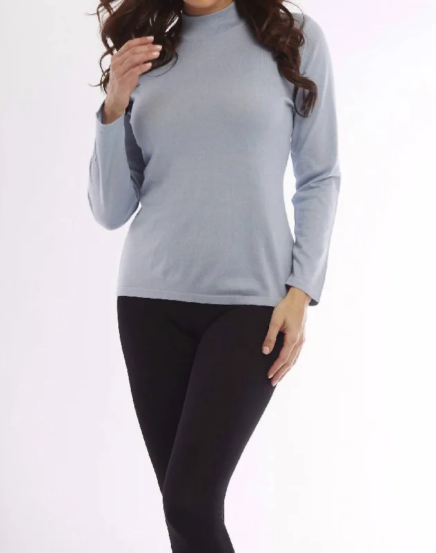 Long Sleeve Mock Neck  Pullover In Sky Blue Chenille Soft Sweater