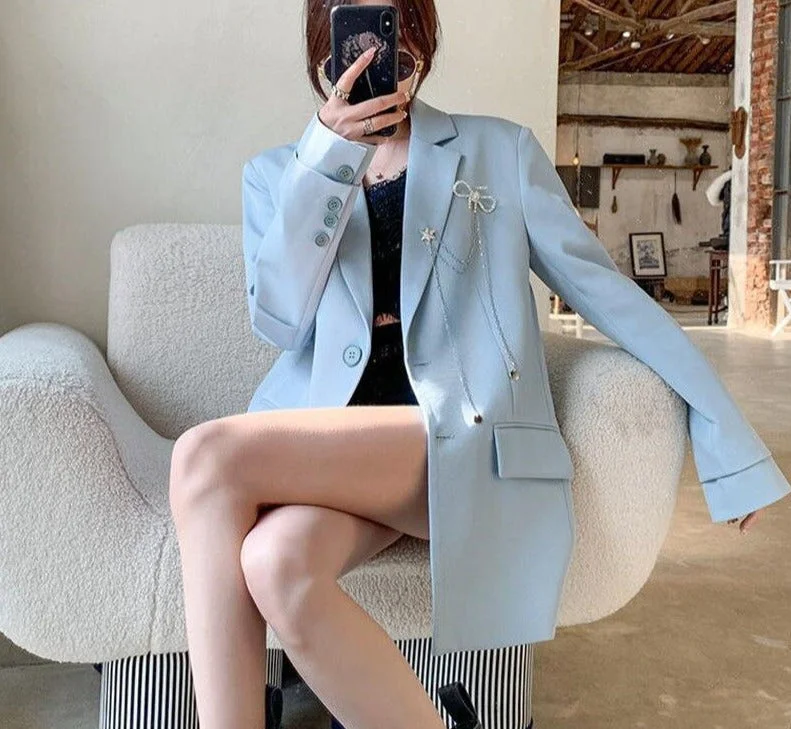 Wjczt Women's England Style Loose Blazer Spring Autumn Korean Fashion Casual Blue Suit Jacket Office Lady Graceful Black Work Coats Hooded Jacket Caped Jacket Shawl Collar Jacket