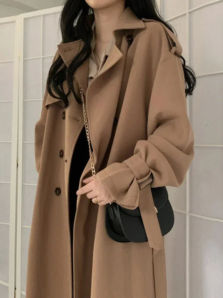 Wjczt Autumn Long Coats Woman Winter 2023 Tops Solid Lapel Double-breasted Oversized Windbreaker Jacket Trench Coat for Women Clothes A-Line Jacket Boat Neck Shawl Collar