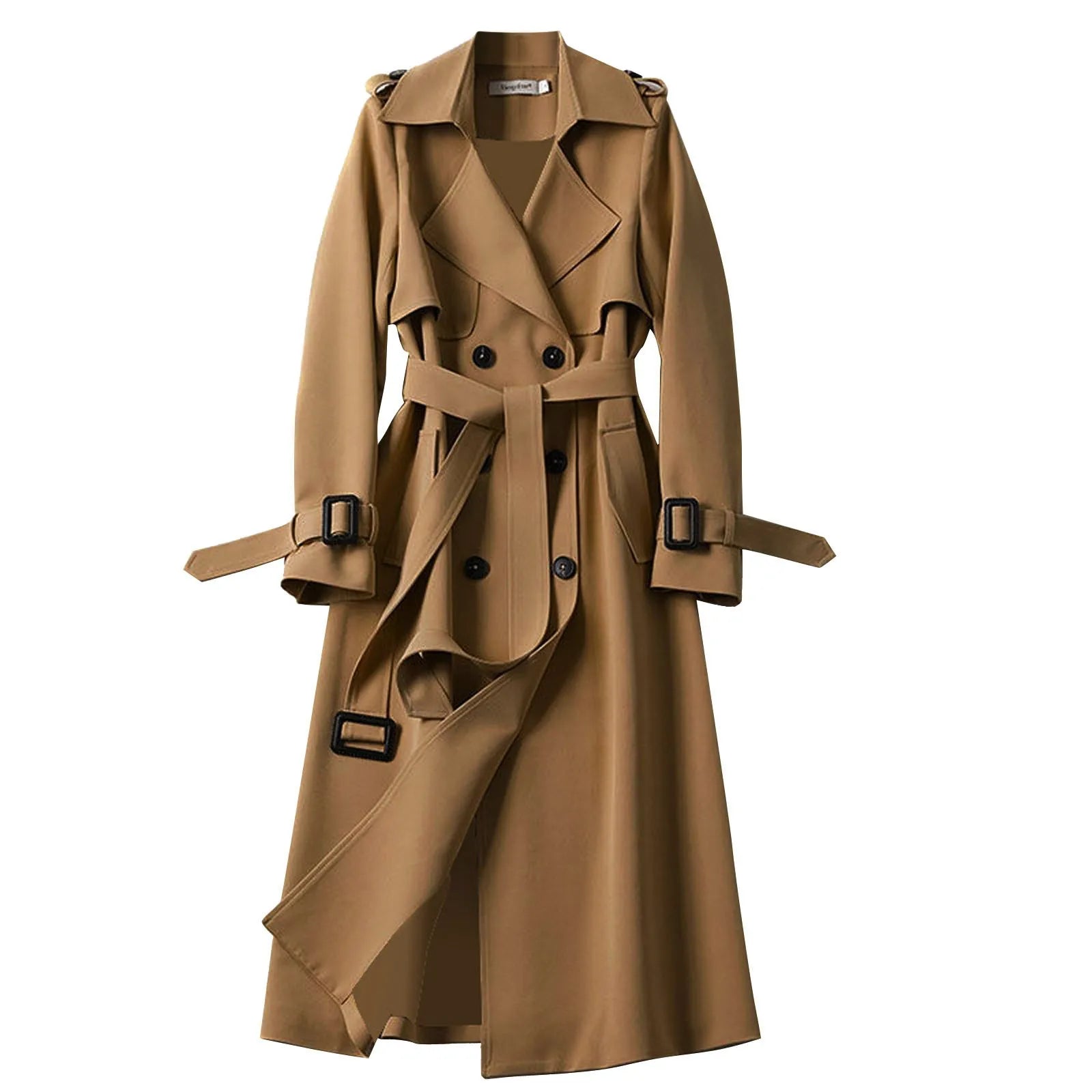 Wjczt England Double Breasted Trench Coat for Women Autumn Windbreaker Solid Color Turn Down Collar Lady Long Jacket With Belt Front Pockets Side Pockets Patch Pockets