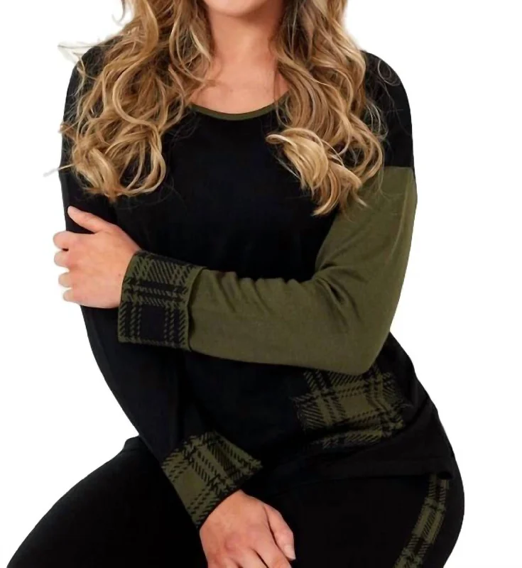 Plaid Accent Crew Neck Pullover In Black Combo Cashmere Luxurious Pullover