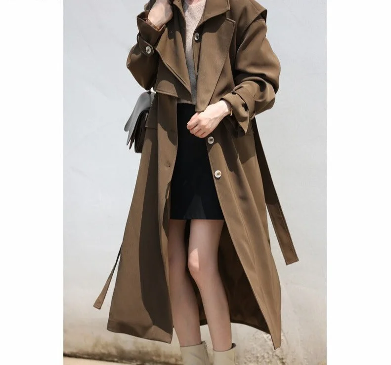 Wjczt Elegant 2 Piece Women Trench Coat Turn-down Collar Loose Female Long Jacket Belted Women Overcoats Autumn Winter Knit Jacket Woven Jacket Fleece Jacket