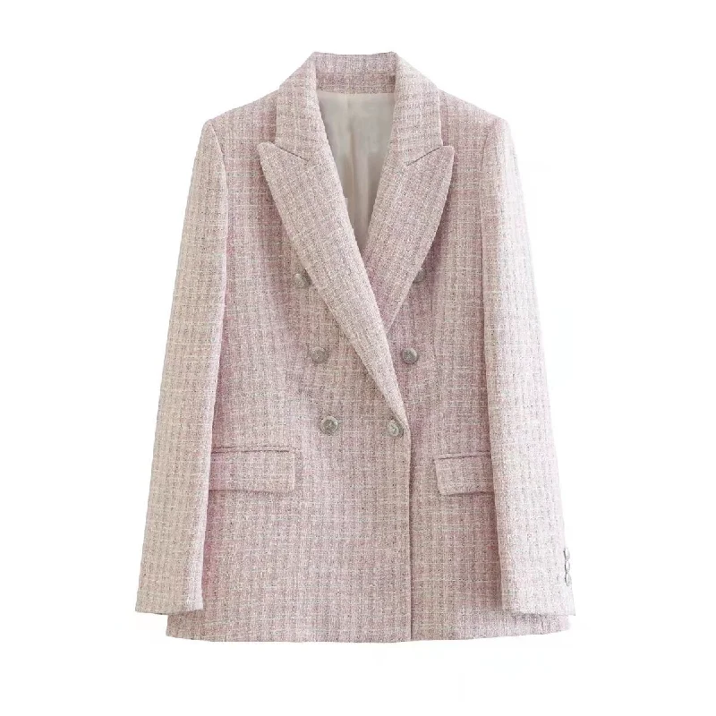 Wjczt Fashion Women Textured Double Breasted Blazer Lapel Long Sleeve Jacket Coat Female Autumn Casual Suit Tops CD8653 Chenille Fabric Brocade Fabric Lace Fabric