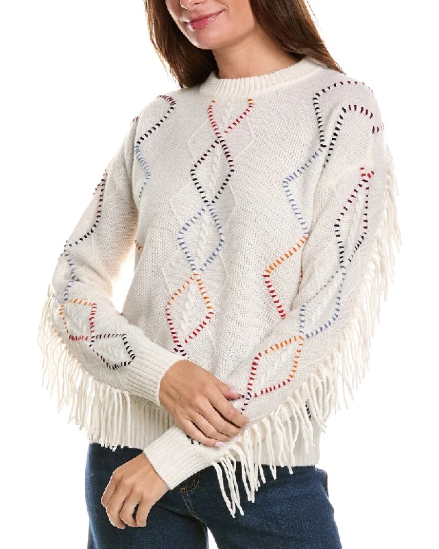 Minnie Rose Cable Corded Detail Fringe Cashmere Pullover Short Puff Sleeve