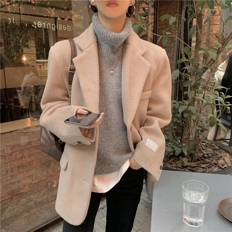 Wjczt Autumn Warm Wool Tailored Coats Women Loose Apricot Solid Suit Jackets Patchwork Long Sleeves Outwear Korean Fashion New Faux Fur Fabric Real Fur Fabric Shearling Fabric