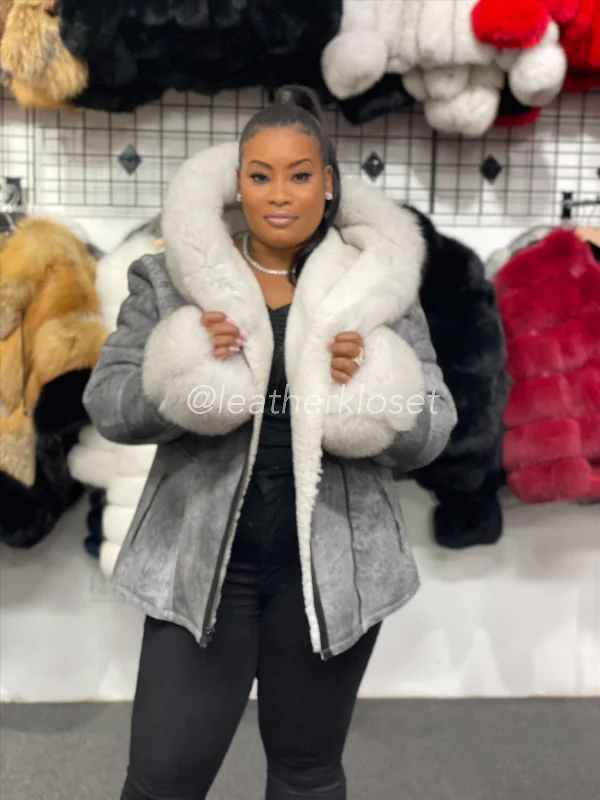 Women's Anna Real Sheepskin Jacket With Fox [Grey] Nylon Jacket Polyester Jacket Spandex Jacket