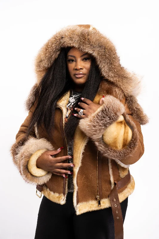 Women's Angela Real Sheepskin Biker Jacket With Fox Faux Fur Jacket Real Fur Jacket Shearling Jacket