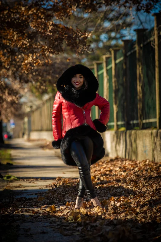 Women's Amber Shearling Sheepskin Jacket With Fox [Red/Black] Belted Jacket Elasticated Jacket Padded Jacket