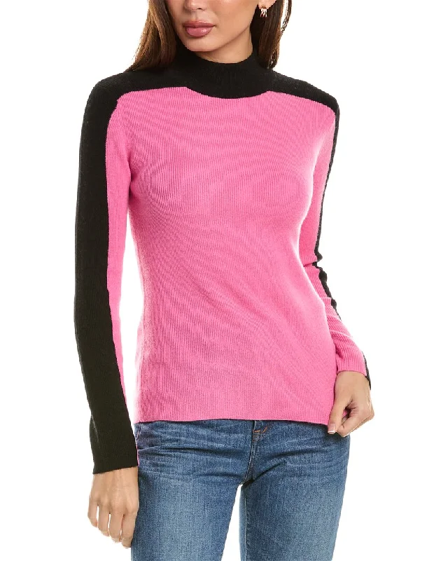 Magaschoni Mock Neck Two-Tone Rib Cashmere Pullover Long Sleeve Pullover