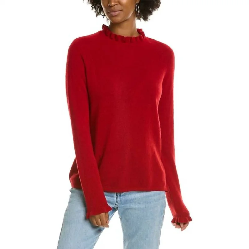 Grace Ruffle Trim Pullover In Crimson Slim Sleeve Pullover