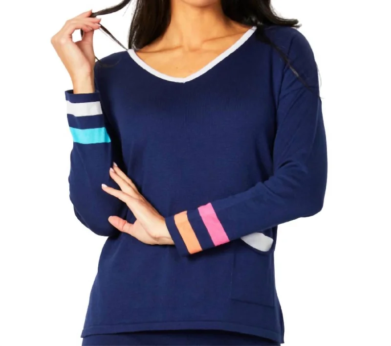 V-Neck Stripe Detail Pullover In Navy Set Sleeve Pullover