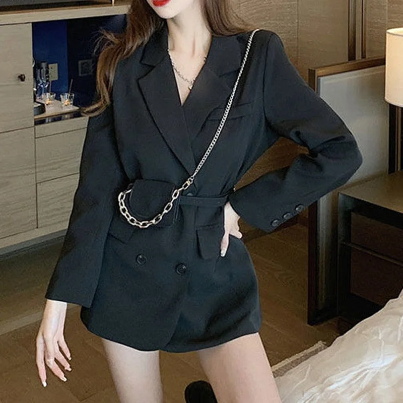 Wjczt Autumn Korean Fashion Design Suit Jackets Women Elegant V Neck Loose Lady Blazer with Belt Office Style Black Clothes New Nylon Fabric Polyester Fabric Spandex Fabric