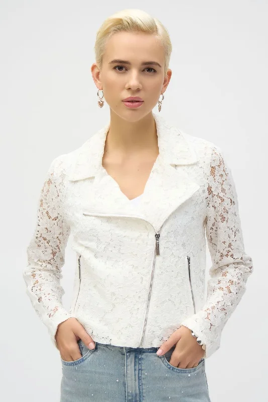 Lace Fitted Moto Jacket in white 252920 by Joseph Ribkoff Collared Jacket Crew Neck Jacket Turtle Neck Jacket