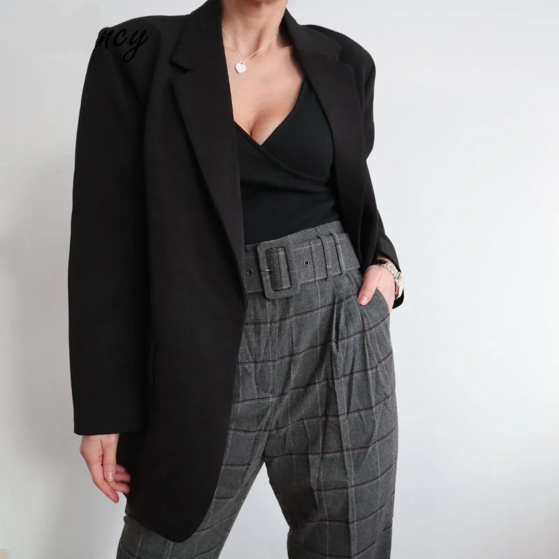 Wjczt Black Oversized Blazer Women 2022 Plus Size Tailleur Femme Vintage Single Button Casual Jacket Outwear Ribbed Jacket Pleated Jacket Ruffled Jacket