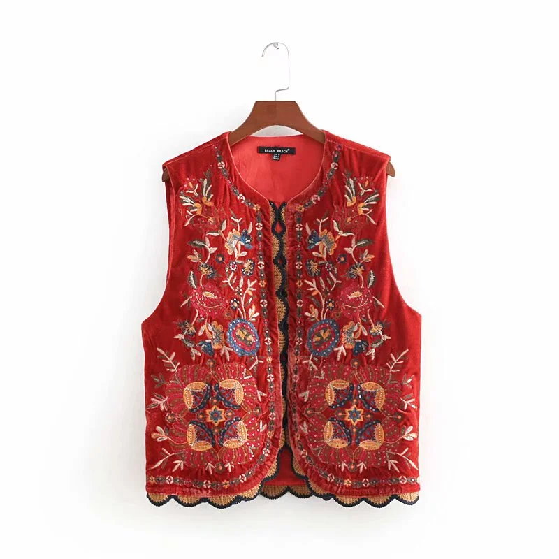 Wjczt 2022 Women Vintage sequins flower embroidery vest jacket ladies retro national style patchwork casual velvet waistCoat CT154 Wool Jacket Cashmere Jacket Tweed Jacket