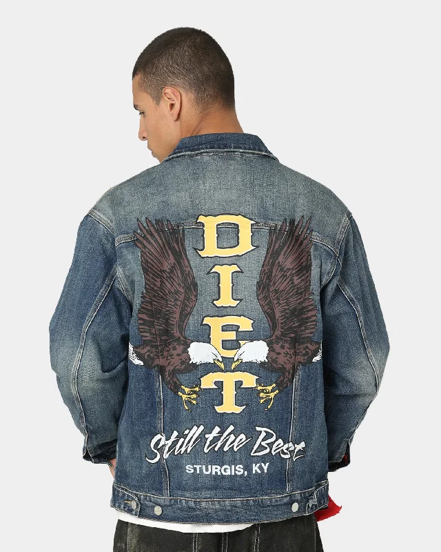 Diet Starts Monday Eagle Denim Trucker Jacket Indigo Boat Neck Shawl Collar Notched Collar