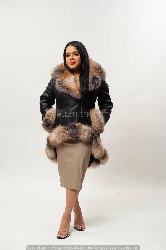 Women's Amber Shearling Sheepskin Jacket With Fox [Black/Crystal] Tiered Jacket Buttoned Jacket Zippered Jacket