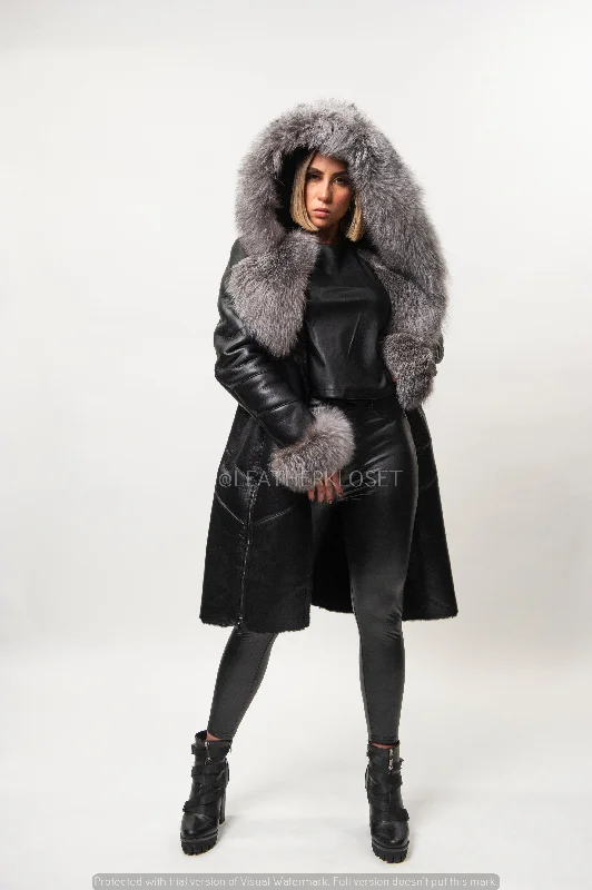 Women's Scarlett Real Sheepskin Jacket With Fox [Black/Silver] One-Shoulder Jacket Off-the-Shoulder Jacket Asymmetrical Jacket