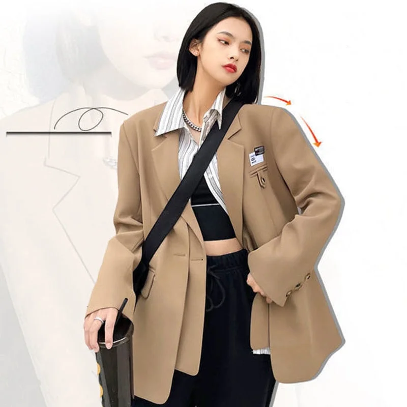 Wjczt Autumn Design Temperament Suit Jacket Women Loose Black Blazer Khaki Tailored Coat Korean Office Lady Overwear New Cotton Fabric Linen Fabric Terry Fabric