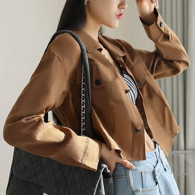 Wjczt Casual Spring New Turn-down Collar Linen Short Women Jackets 2022 Simple Solid Color All Match Button Female Coats Rayon Jacket Velvet Jacket Corduroy Jacket