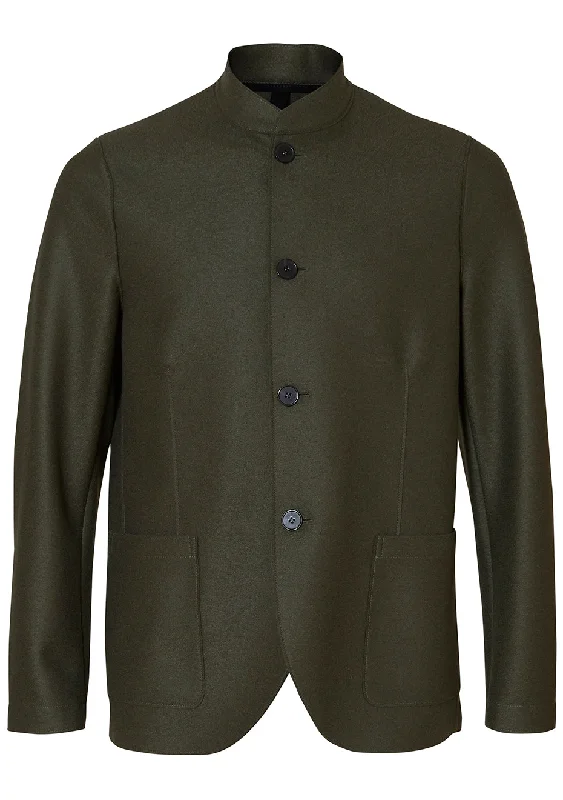 Pressed Wool Nehru Jacket Green Front Pockets Side Pockets Patch Pockets