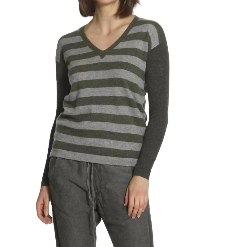 Luxe Stripe V-Neck Pullover In Grey/army/charcoal Slouchy Comfort Pullover