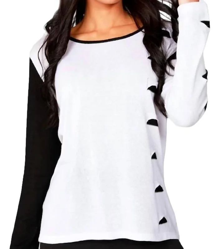 Cut Out Scoop Neck Pullover In White/black Ribbed Crew Neck