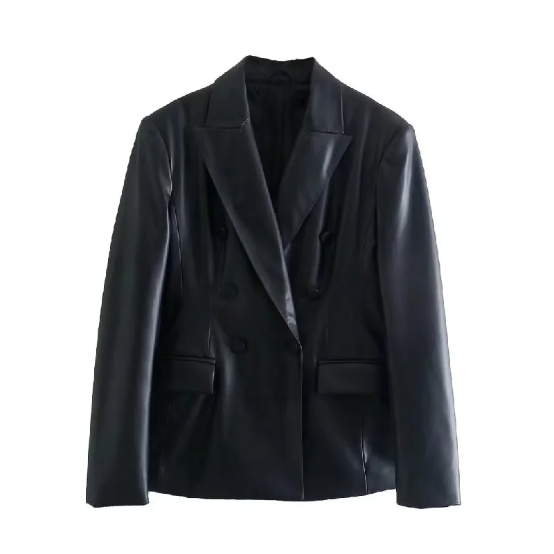 Wjczt 2022 Women Fashion Faux Leather Black Slim Blazer Long Sleeves Double Breasted Vintage Chic Lady Suit PU Jacket Veste Femme Anorak Shell Jacket Lightweight Jacket