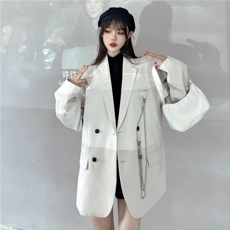 Wjczt Autumn Temperament Suit Jacket Women Trendy Loose Black Blazer White Tailored Coat Korean Office Lady Overwear New Fleece Fabric Down Fabric Feather Fabric