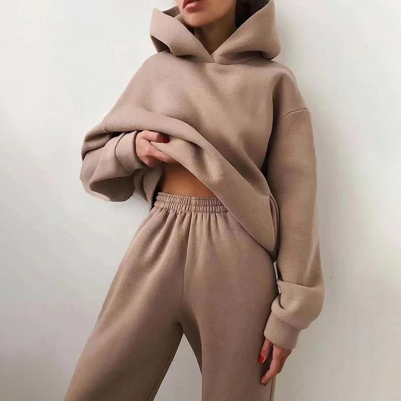 Women Two Piece Sets Tracksuit Autumn Casual Solid Long Sleeve Hoodie Sweatshirts Female Oversized Trouser Suits Hoodie with Bell Sleeves Flared Feminine