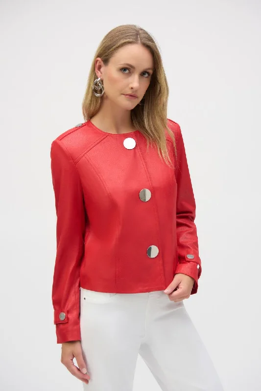 Foiled Faux Suede Boxy Jacket in Radient Red 252918 by Joseph Ribkoff V-Neck Jacket Boat Neck Jacket Square Neck Jacket