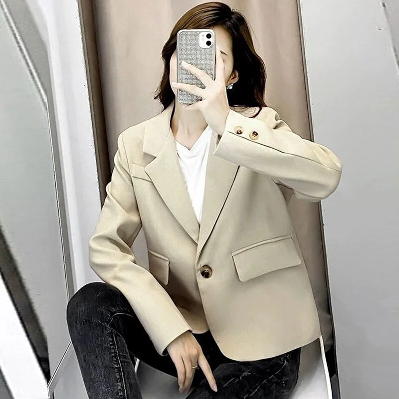 Wjczt Autumn Simple Elegant Black Blazer Women  Loose Suit Jackets Causal Tailored Coat Korean Fashion Lady Office Outwear New Denim Fabric Leather Fabric Suede Fabric