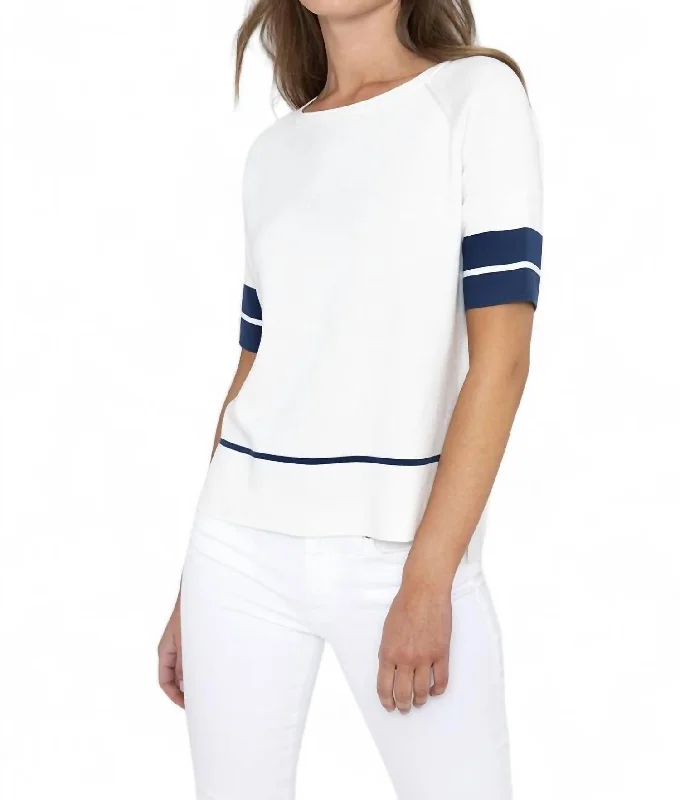 Short Sleeve Tipped Hi-Low Pullover In White/eclipse Hooded Pullover Sweater