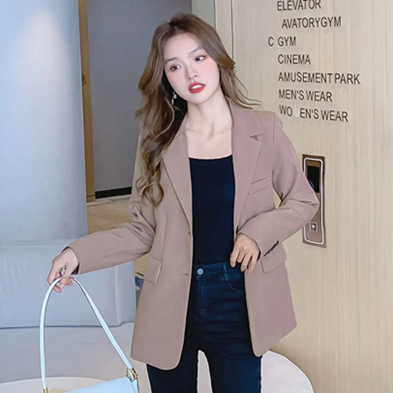 Wjczt Autumn Black Blazers Women Loose Solid Coffee Tailored Coat Suit Jackets Office Lady Overwear Korean Fashion Outwear New Wool Fabric Cashmere Fabric Tweed Fabric