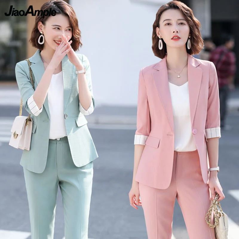 Wjczt Women's Summer Blazers Pants 2 Piece Set Korean Office Lady Graceful Three Quarter Suit Coat Pencil Trousers Outfits Pink Jacket One-Shoulder Jacket Off-the-Shoulder Jacket Asymmetrical Jacket